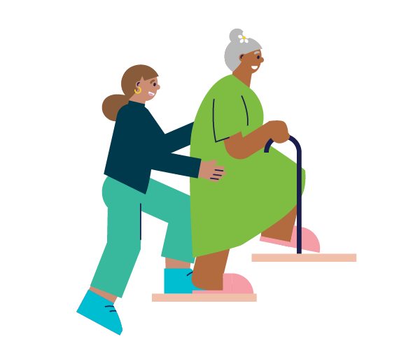 An elderly person is helped to walk up a flight of stairs.