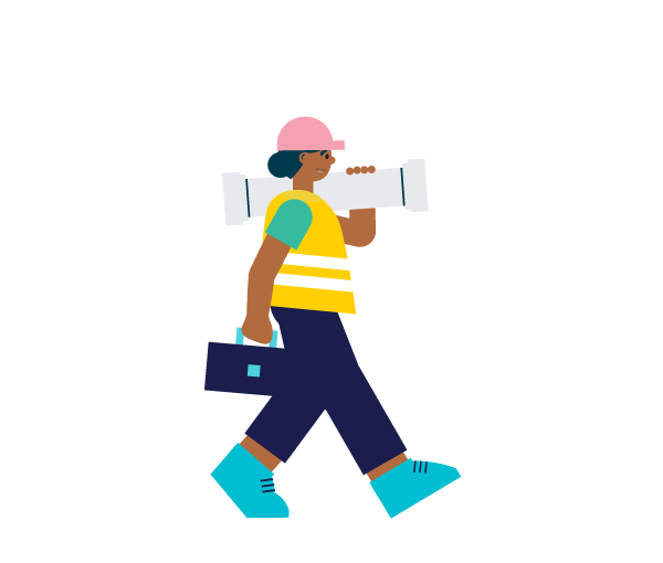 A worker carries a toolbox in one hand and holds a water pipe over their shoulder with the other hand.
