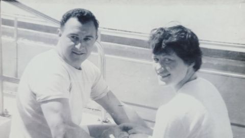 Tony Keenan and Hilary Keenan (nee Kerr) sitting alongside the Naenae Pool