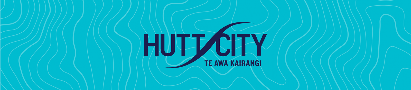 Hutt City written in dark blue with a representation of the river between Hutt and City. In smaller dark blue text below is Te Awa Kairangi. The logo is presented on a mid-blue background with light blue topographical markings. banner image