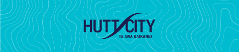 Hutt City written in dark blue with a representation of the river between Hutt and City. In smaller dark blue text below is Te Awa Kairangi. The logo is presented on a mid-blue background with light blue topographical markings.