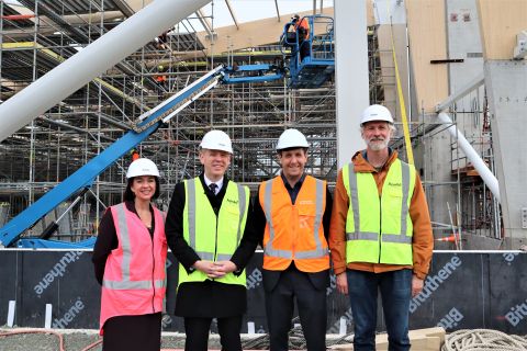 Prime Minister Chris Hipkins, Hon Ginny Anderson, Mayor Campbell Barry and Councillor Andy Mitchell