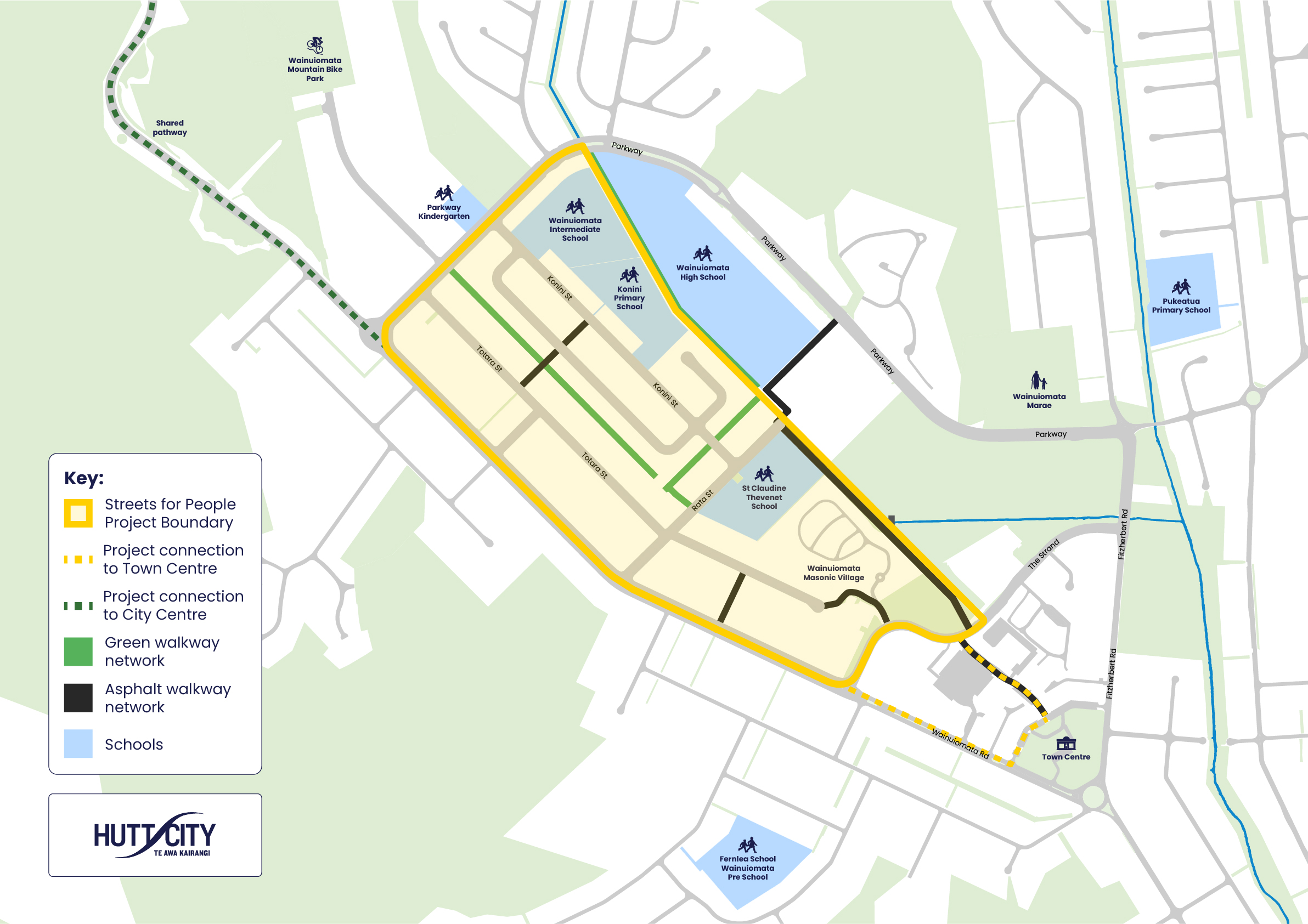 Map showing part of Wainuiomata. A yellow boundary line marks a shape around the following roads: Wainuiomata Road, The Strand, through Hugh Sinclair Park, behind Wainuiomata High School and back along Parkway.