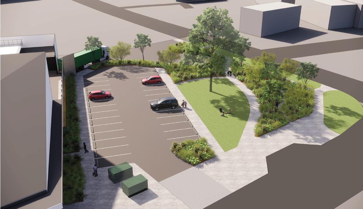 A render of a birds-eye view of the new Pool carpark on Everest Avenue with 28 car parks.