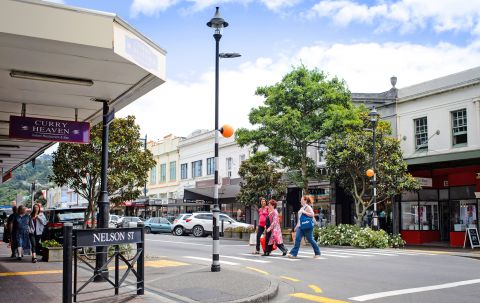 Jackson Street, Petone. Shoppers crossing road