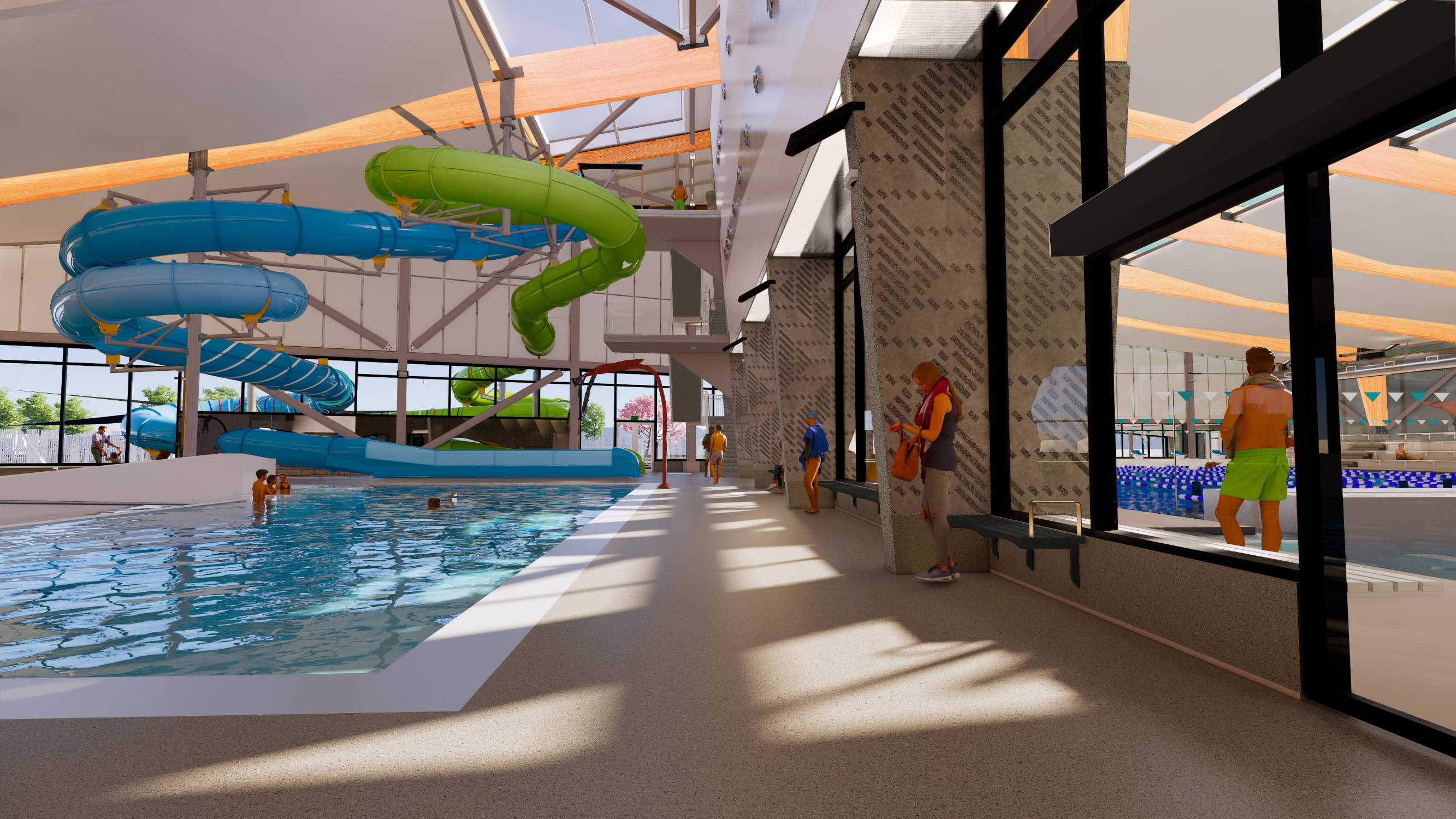 An artistic render of the inside of the leisure pool at Naenae Pool & Fitness Centre showing a hydroslide in the background.