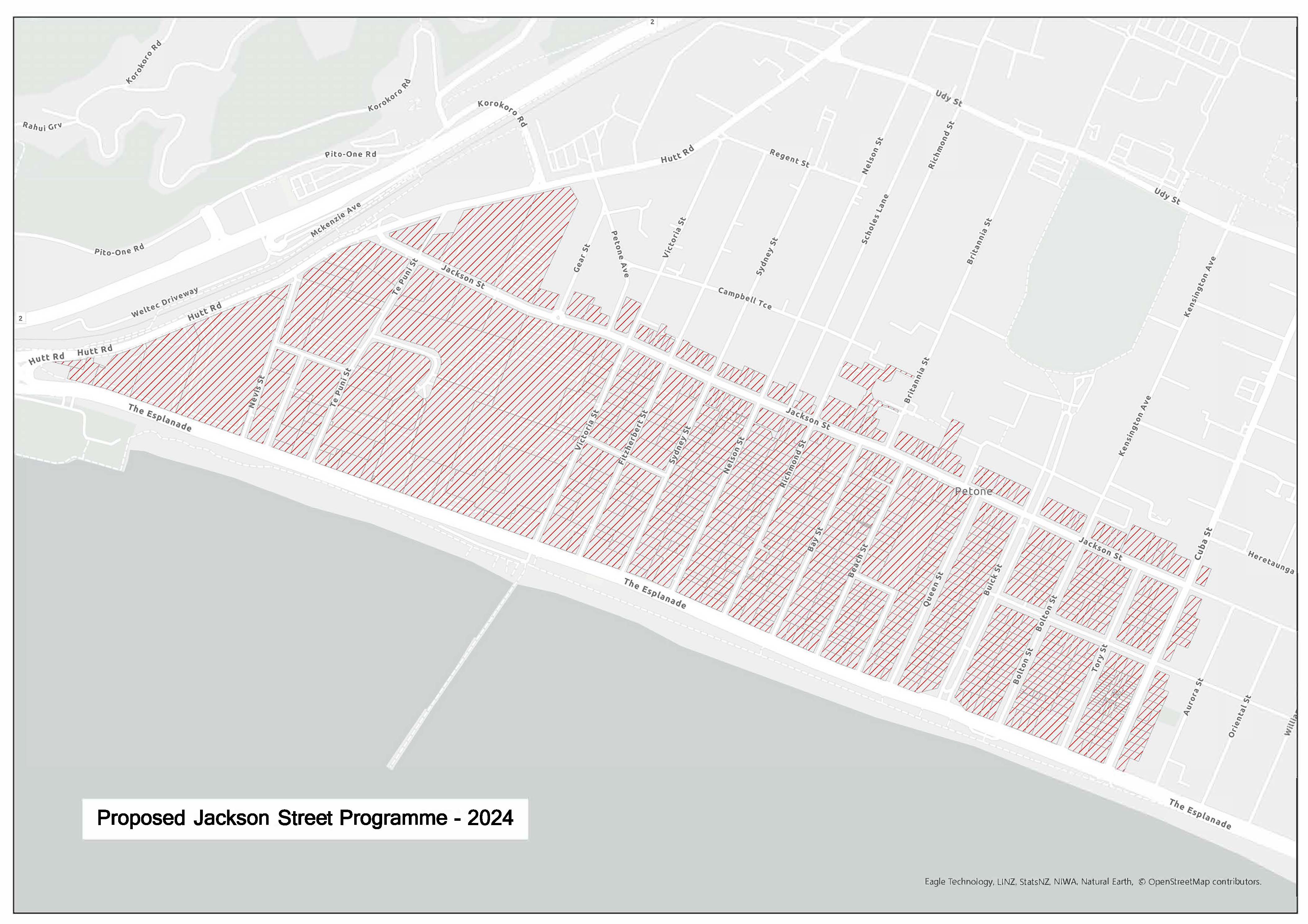 A map showing the layout of Petone, Lower Hutt with areas shaded in red.