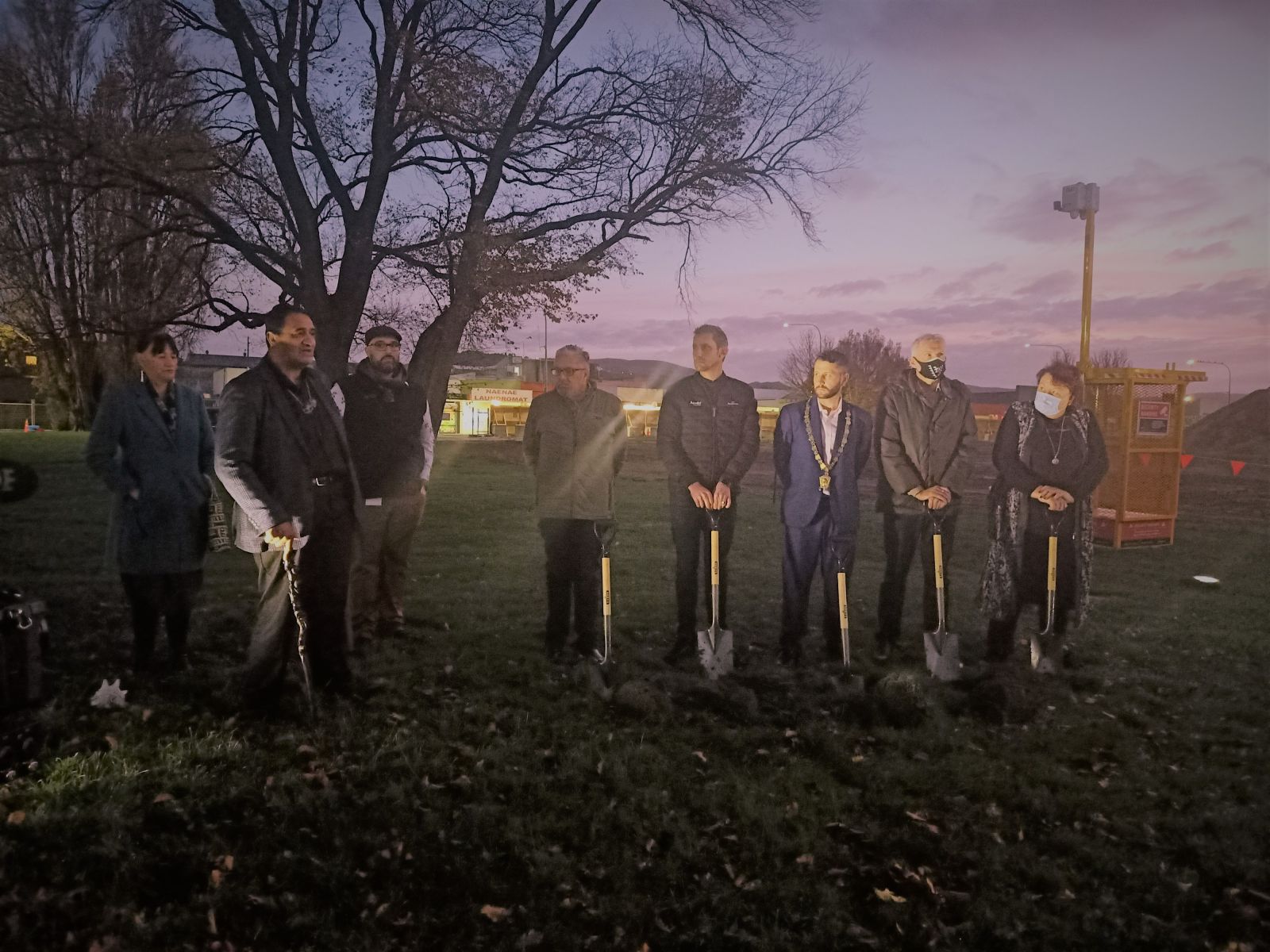 Dawn blessing    Left to right Kura Moeahu, chair of Te Rūnanganui o Te Āti Awa and Waiwhetū Marae, and his wife, Alishia Moeahu, Kaitātari Tumuaki Maori Matiu Jennings, Te Ātiawa, Ngāti Toa Rangatira, Ngāti Raukawa Mike Hinton, Apollo Project Director Steve Hastie, Mayor Campbell Barry, Cllr Andy Mitchell, HCC Chief Executive Jo Miller banner image