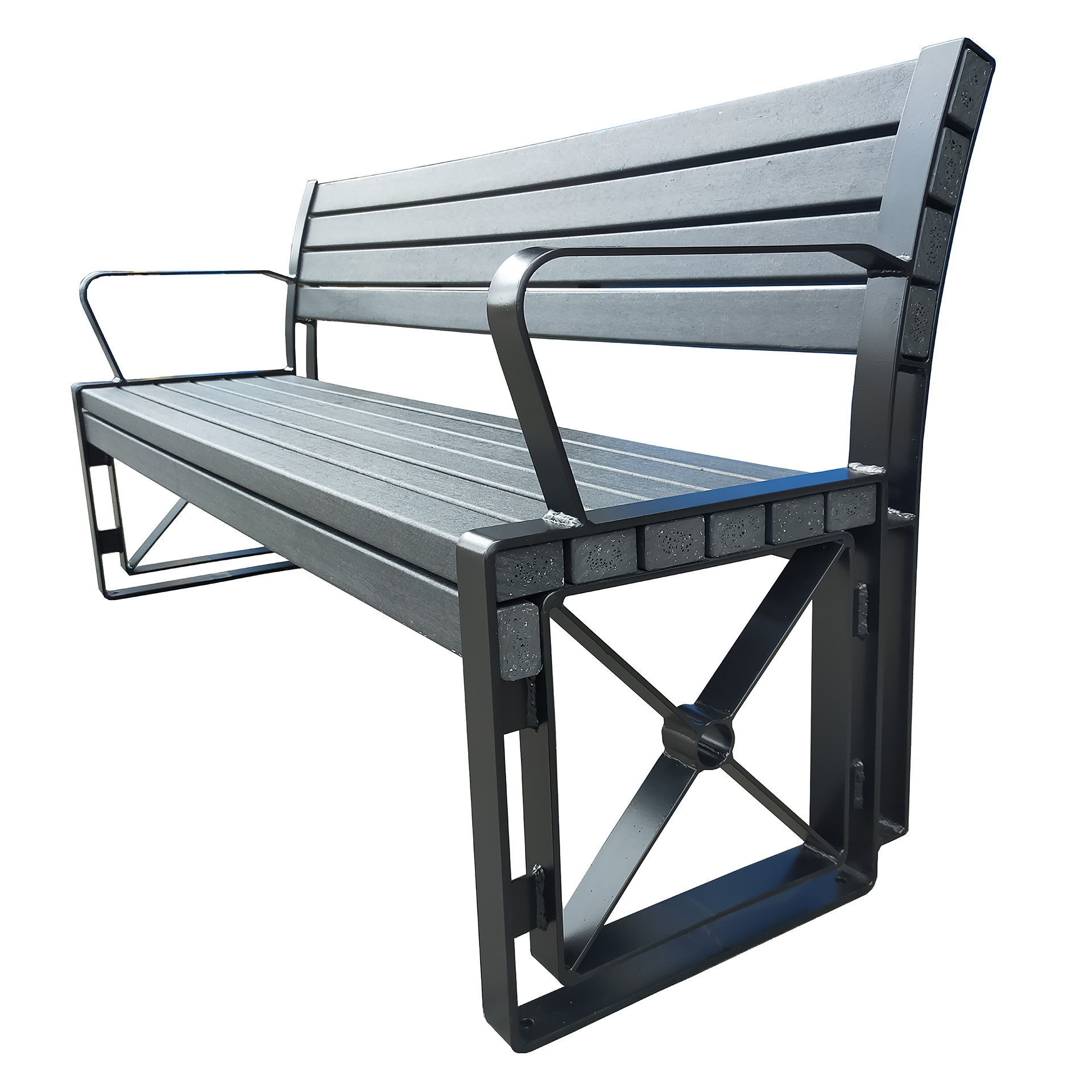 A black park-bench style seat.