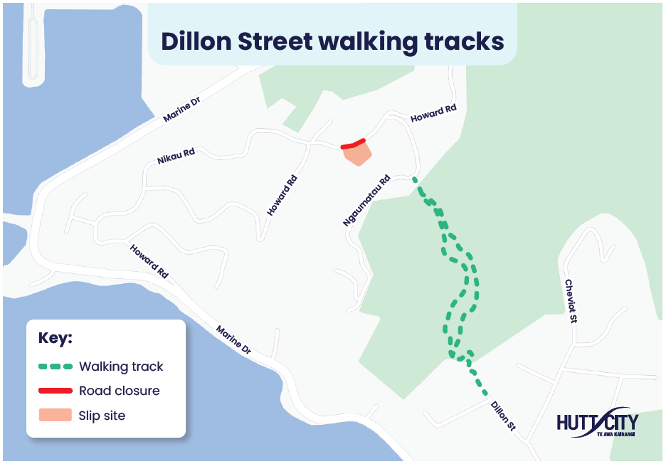 Map showing Dillon Street walking tracks
