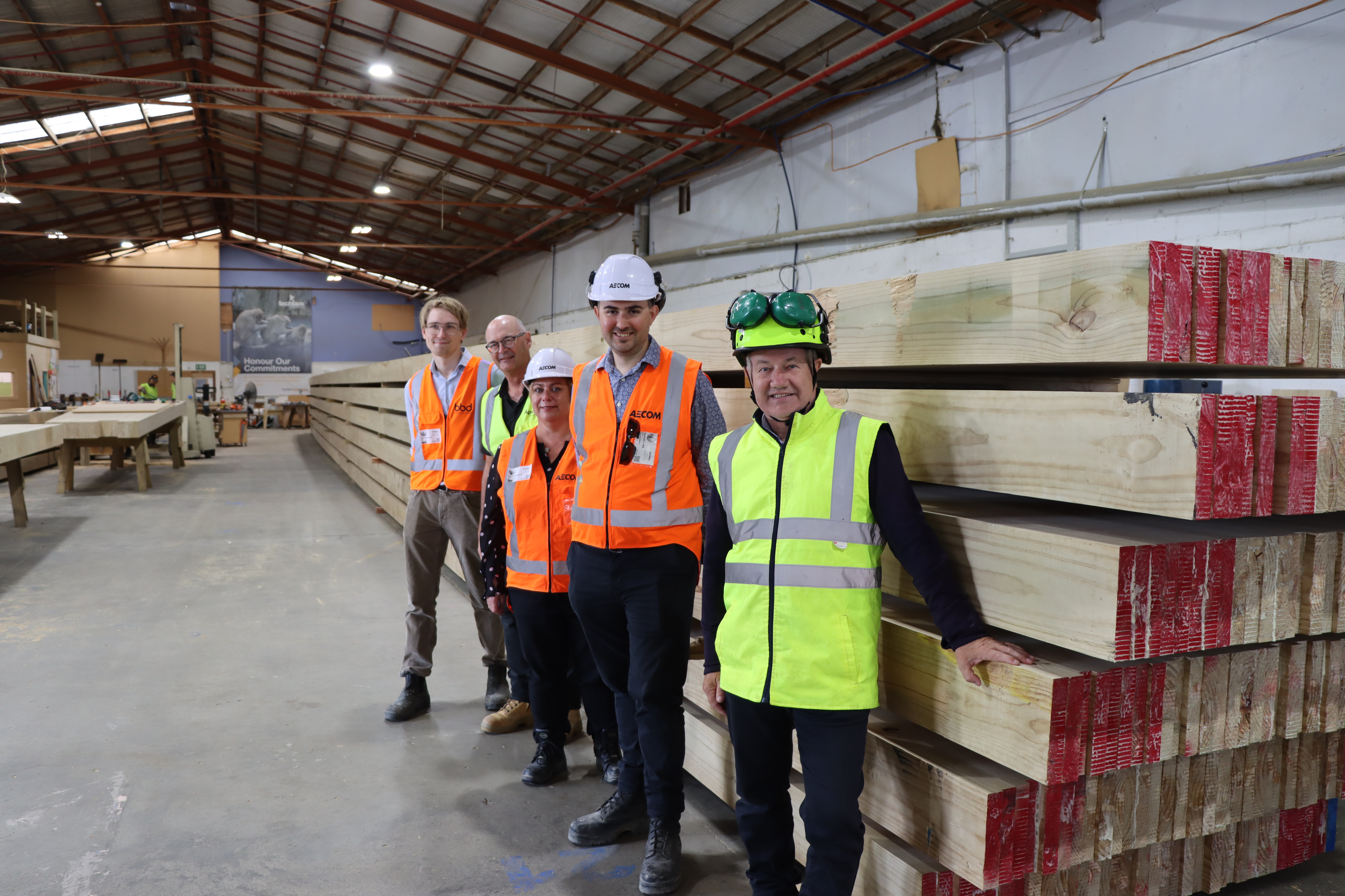 Members of the project team at Techlam. From left to right: Quantity Surveryor Bryn Anderson of BBD, Main Contractor’s Representative Mark Wilson of Apollo Projects, Engineer to Contract Sarah Bergquist and Engineer’s Rep Hamish Lobb of AECOM, and Project Manager for Hutt City Council Andrew Quinn.