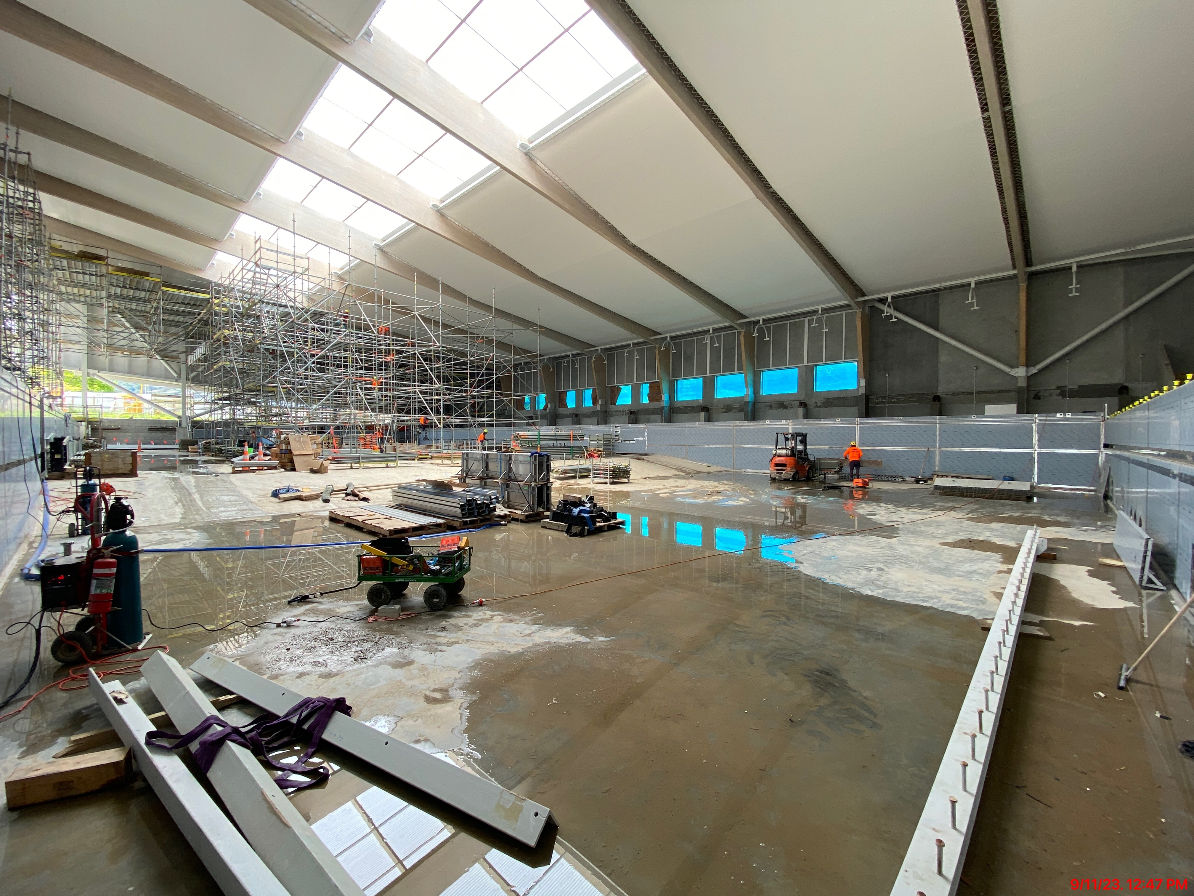 Inside the main pool hall of the Naenae Pool under construction November 2023