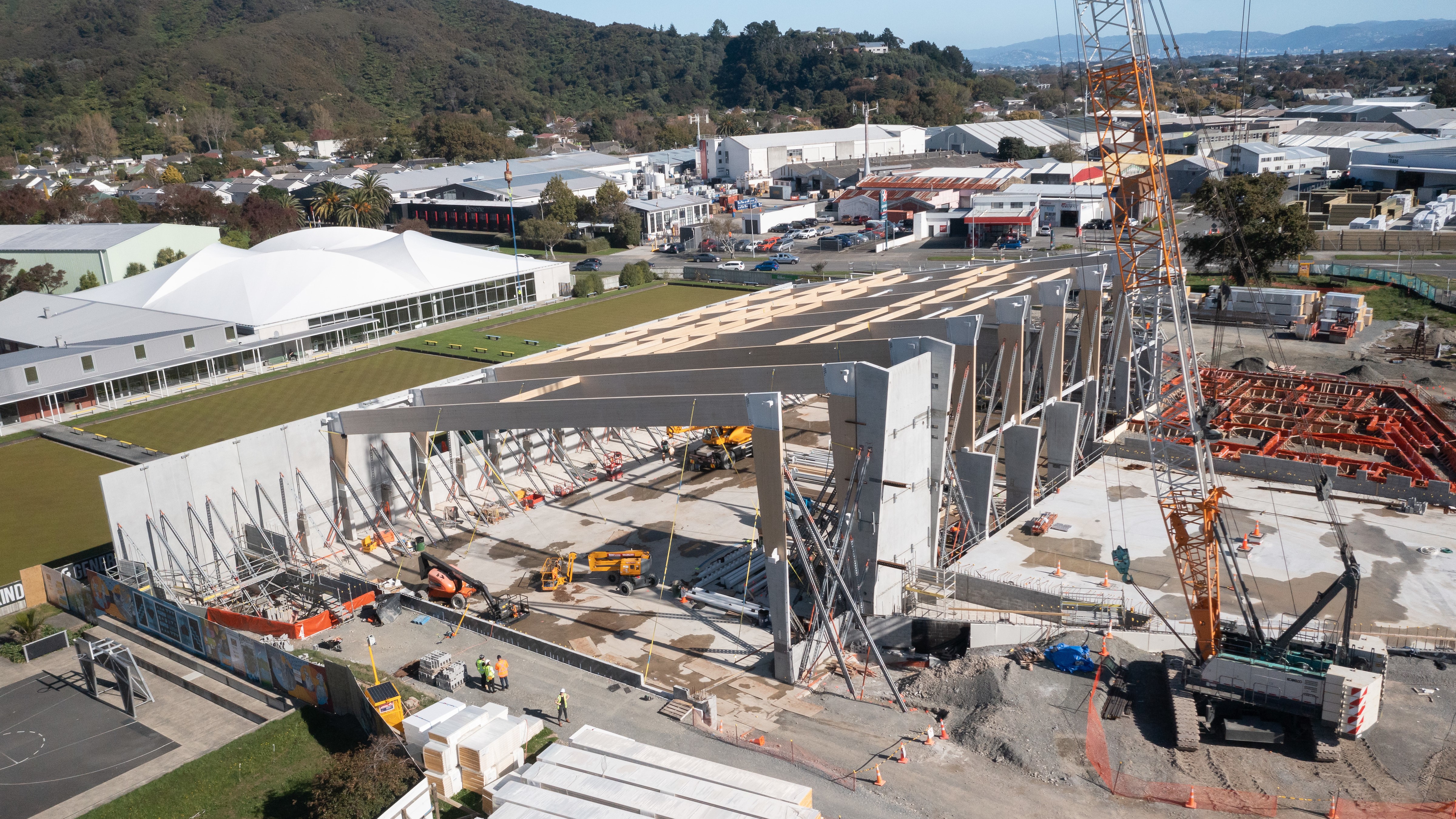 A picture of the Naenae Pool construction site taken from a drone in May 2023