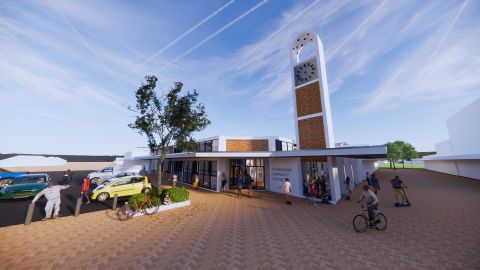 An artistic impression of the exterior of Naenae Community Centre, a mid-century style single-level building with a clock tower.
