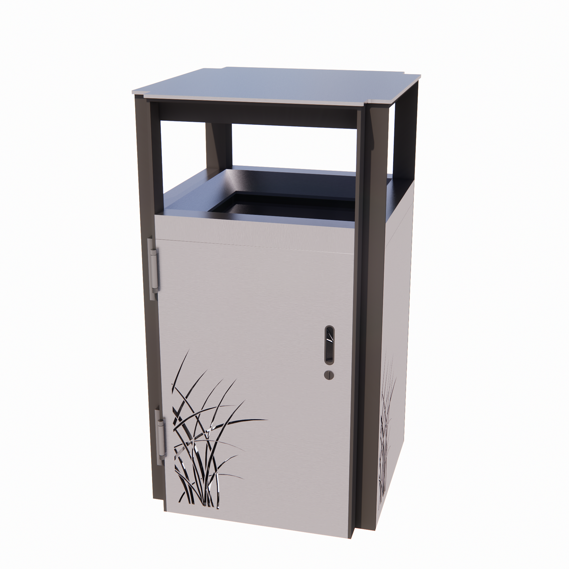A silver-coloured rubbish bin. A raised roof provides protection to the bin with openings for putting in rubbish on all four sides. The side panels have a cut-out plant detail in the bottom left corner.