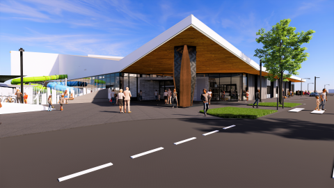 An artist's impression of the new Naenae Pool & Fitness Centre, a alrge building with a pou at the entrance and a hydroslide.