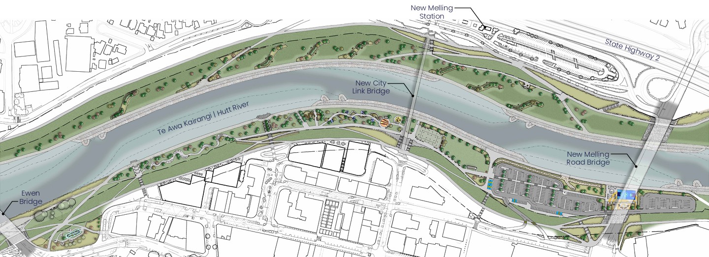 Concept sketch Riverside Park showing new City Link Bridge