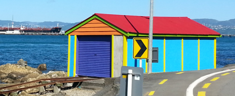 A brightly painted boat shed between the road and beach in Lowry Bay
