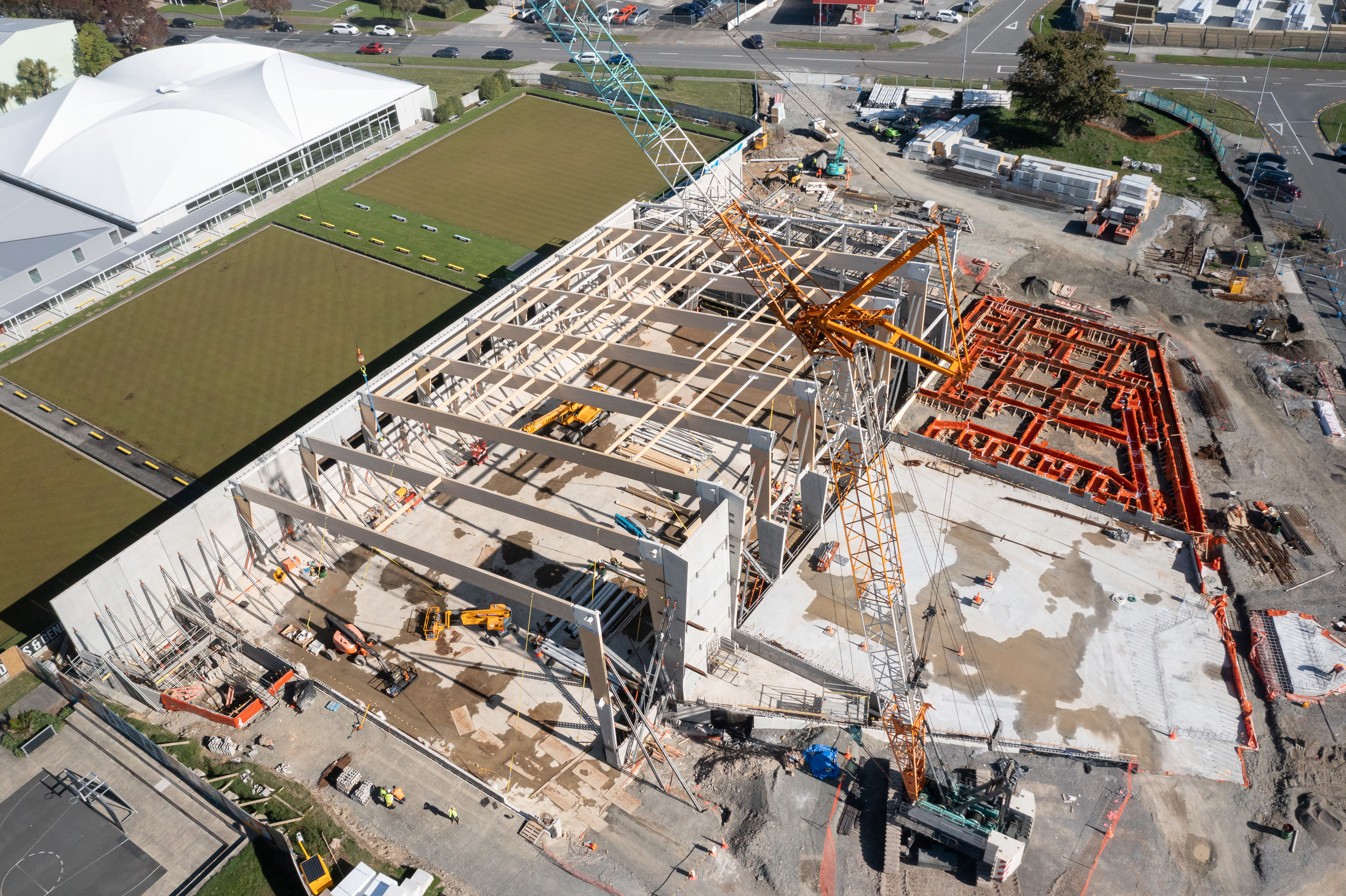 An aerial view of Naenae Pool under construction 