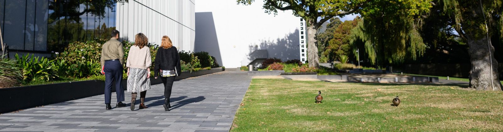 Three people walk along a paved path between the Hutt City Council building and Riddiford Garden banner image